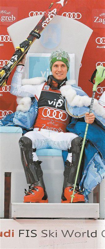 Durfte wie im Vorjahr nach dem Slalom in Zagreb auf dem Siegerthron Platz nehmen: Marcel Hirscher. Foto: gepa