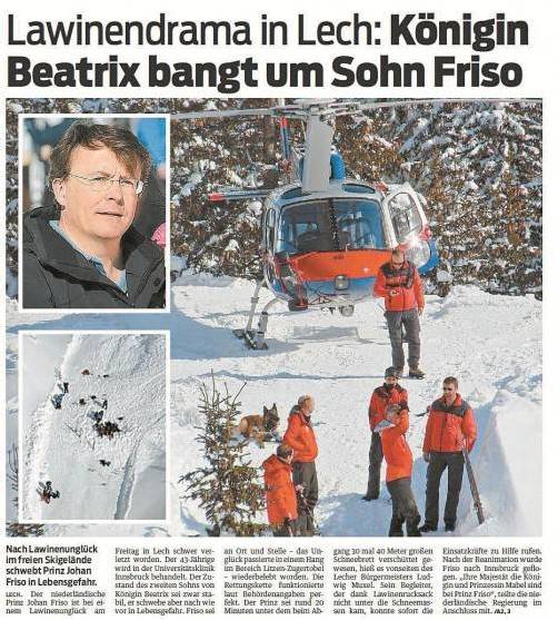 Hatte weltweit für Schlagzeilen gesorgt: Das tragische Lawinenunglück von Prinz Friso in Lech.