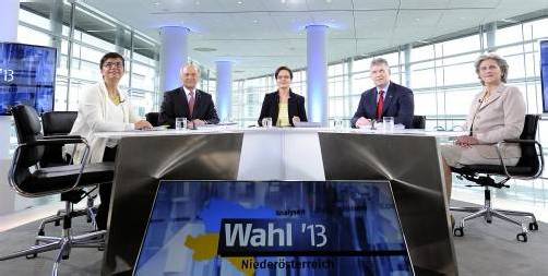 In der „Elefantenrunde“ der niederösterreichischen Spitzenkandidaten (v. l.) Madeleine Petrovic, LH Erwin Pröll, Moderatorin Christine Teschl, Sepp Leitner und Barbara Rosenkranz war die Veranlagung „Zündstoff. Foto: APA