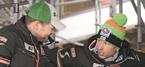 Österreichs Favoriten auf eine Medaille in der heutigen Abfahrt: Hannes Reichelt (rechts) und Klaus Kröll. Foto: apa