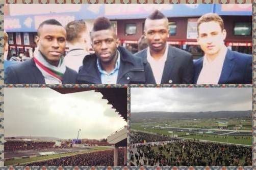 Die Fotocollage vom Besuch der „Wolves-Spieler“ beim Cheltenham-Reitspektakel zeigt oben von links die Teamkollegen Razak Boukari, Bakary Sako, Tongo Doumbia und Georg Margreitter. Foto: Privat