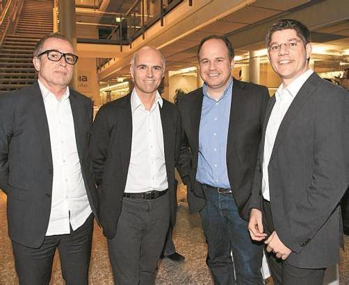 Gerard Hann (VN Key Account), Rudi Kobza (Lowe GGK), Gerold Riedmann (Russmedia) und AdWin-Organisator Simon Ender (v. l.).