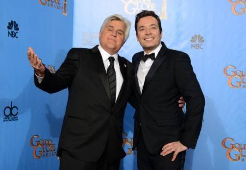 Jay Leno (l.) zieht nach zwei Jahrzehnten den Hut. Sein Nachfolger wird Jimmy Fallon. Foto: ap
