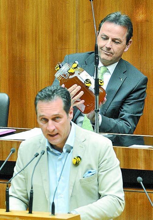 FPÖ-Chef Strache (l.) schenkte Berlakovich Honig. Foto: APA