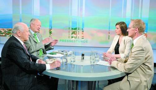ORF-„Pressestunde“: Karl Blecha und Andreas Khol stellten sich den Fragen von Julia Ortner (ORF) und Johannes Huber, stv. Chefredakteur der VN. Foto: hopimedia, holzner