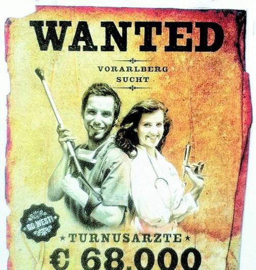 Werbeplakat: Unter dem Titel „Wanted“ suchen die Vorarlberger Landeskrankenhäuser auch in der U-Bahn-station vor dem Wiener AKH Turnusärzte. Foto: joh