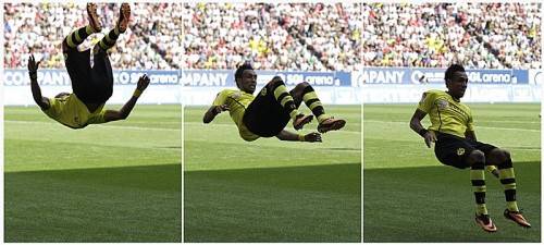 Stürmer Pierre-Emerick Aubameyang feierte seinen ersten Bundesliga-Treffer mit einem lupenreinen Salto. Foto: Reuters