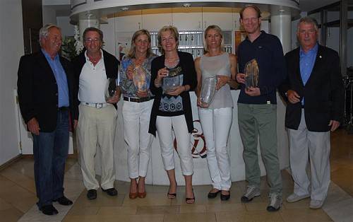 Turnierdirektor Jochen Scherer (l.) und Klubpräsident Knut Scherer (r.) mit den Besten der dritten Station: Reiner Kolb, Marlies Rauch, Gabi Kolb, Sabine Guldenschuh und Eric Roozendaal (v. l.). Foto: Privat