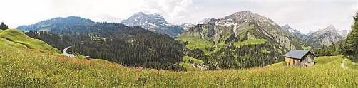 Von der blühenden Alpwiese bei Schröcken Schmitte aus fotografierte Thomas Vonbank das Bergpanorama rund um die Braunarlspitze, den höchsten Berg des Bregenzerwaldes.