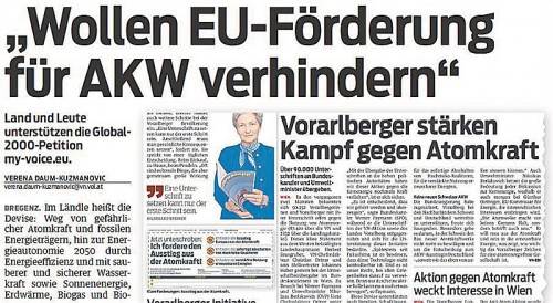 Viele Leser der Vorarlberger Nachrichten haben die Global-2000-Petition my-voice.eu gegen die EU-Förderung für den Neubau von AKW in Europa unterstützt. Auch die Landesregierung mit LH Wallner stand dahinter.