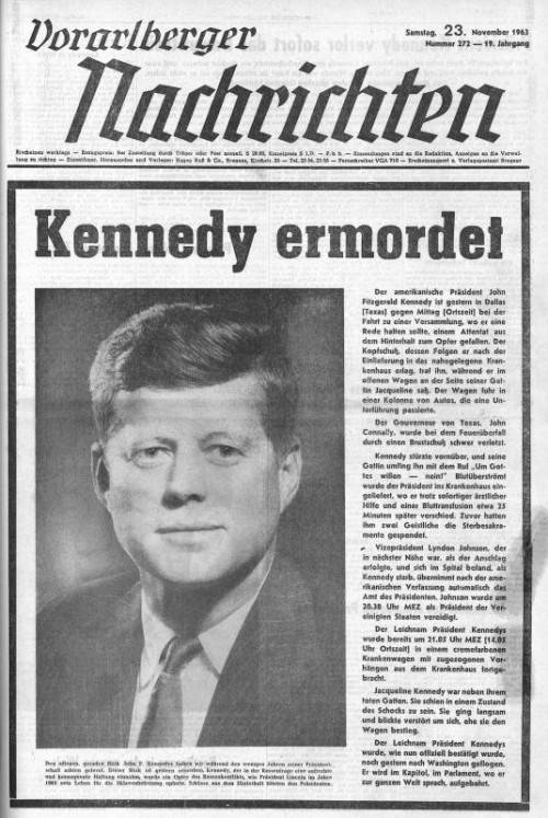 VN vom 23. November 1963: Kennedy „ist einem Attentat aus dem Hinterhalt zum Opfer gefallen“.