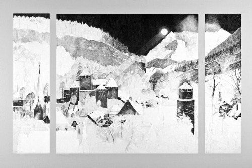 Wintermondnacht in Feldkirch, gezeichnet von Volkmar Dieth.