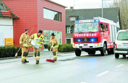 Im gesamten Rheindelta waren am Sonntagvormittag Mitglieder der Feuerwehren im Einsatz, um die Ölspur zu beseitigen. Foto: A. Kopf
