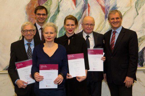 LH Wallner und LR Sonderegger mit Karl Sillaber, Viktoria Tremmel, Michaela Bilgeri, Mario Plaz. Foto: VN/HK