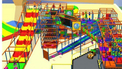 Der Funpark mit Spidertower, Wellen- und Rollenrutsche und Kartbahn.