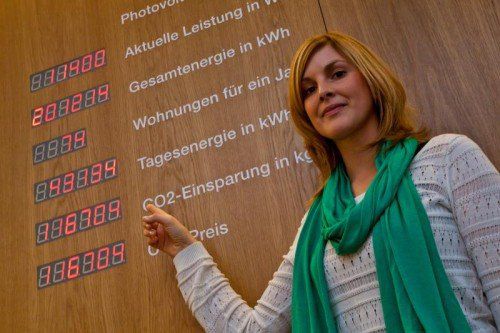 Eine Anzeigetafel im Eingangsbereich der Vorarlberger Gebietskrankenkasse hält die CO2-Einsparungen fest. Foto: Steurer