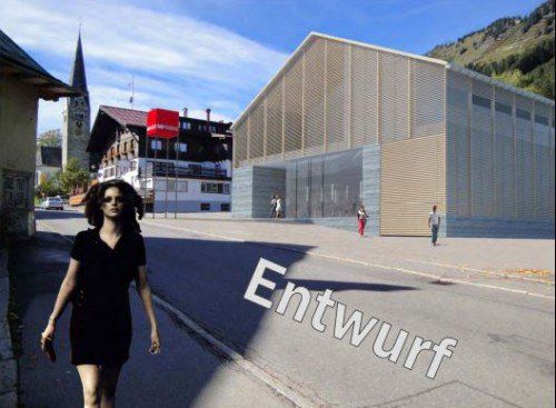 Entwurf der Dornbirner Architekten NägeleWaibel für den ersten MPreis-Markt in Vorarlberg in der Kleinwalsertaler Gemeinde Mittelberg.  