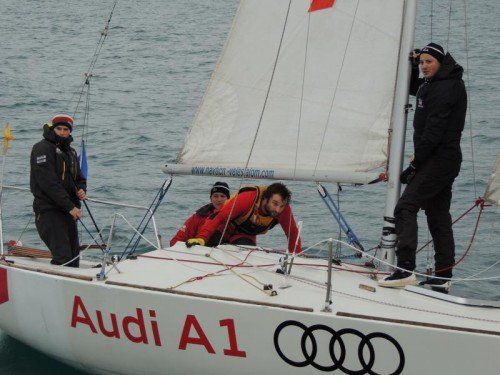 Skipper Max Trippolt (l.) und seine Crew waren die Nummer eins beim Winter Match Race in Izola. Foto: privat