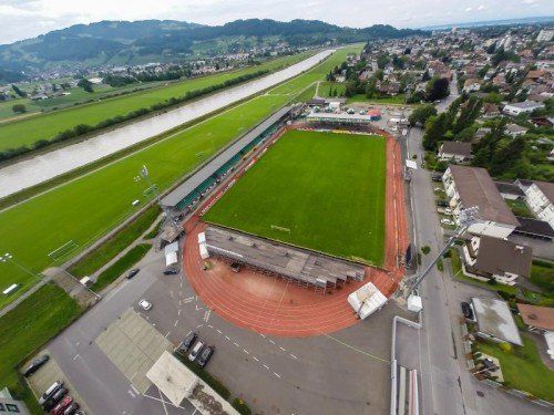 Das Reichshofstadion aus der Vogelperspektive, ab Freitag kehrt der Liga-Alltag in die Heimstätte der Lustenauer Austria zurück. Foto: Steurer