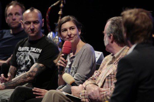 Hans Platzgumer, Bernhard Gander, Nicola Raab und David Pountney bei der Programm-Präsentation. Foto. BF