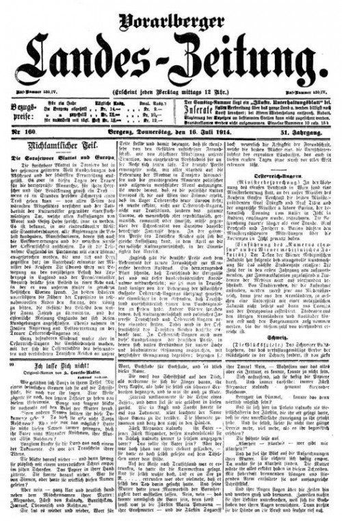 „Vorarlberger Landeszeitung“ vom 16. Juli 1914. Foto: ÖNB/ANNO
