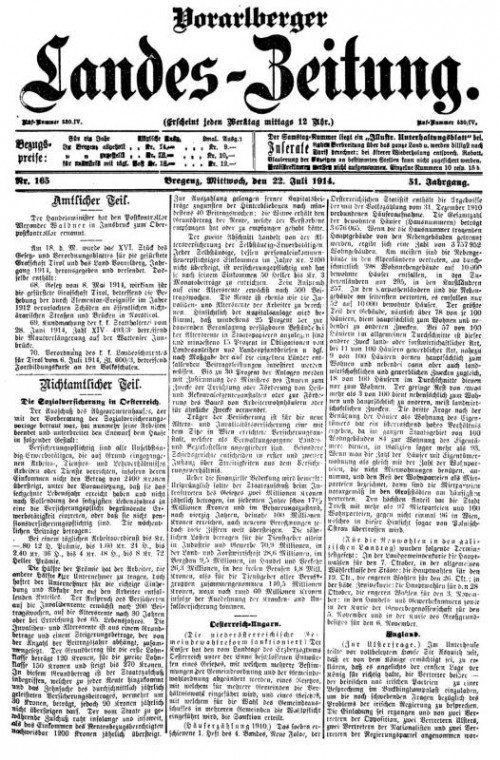 „Vorarlberger Landeszeitung“ vom 22. Juli 1914. Foto: ÖNB/Anno