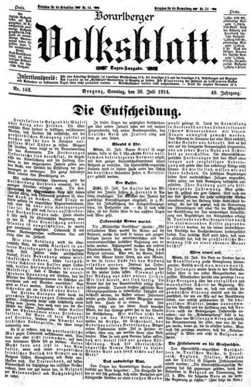 „Vorarlberger Volksblatt“ vom
26. Juli 1914. Foto: ÖNB/Anno
