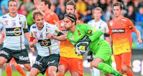 Admira-Torhüter Andreas Leitner hat Ball und Gegner im Griff – Altach-Kapitän Philipp Netzer will es im ersten Moment gar nicht wirklich wahrhaben. Foto: gepa