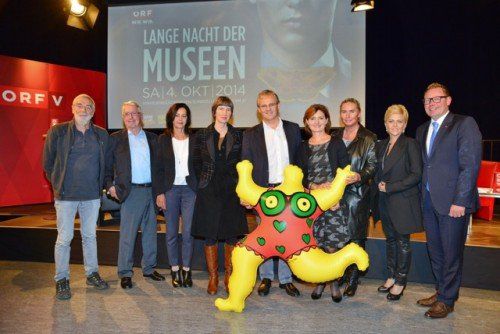Anton Bär (Museum Bezau), Alwin Rohner und Irmgard Kühne (Kunst im Rohnerhaus), Sonja Klee (Forum Würth), LR Harald Sonderegger, ORF-Kulturkoordinatorin Jasmin Ölz, VN-CR Verena Daum-Kuzmanovic, Radio L-Moderatorin Dominique Sohm, ORF-Landesdirektor Markus Klement.