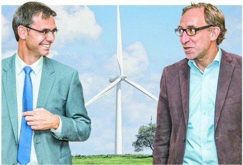 LH Markus Wallner und Grünen-Chef Johannes Rauch wollen beim Thema Windkraft die Behördenverfahren abwarten. montage: vn; Fotos: AP, MK