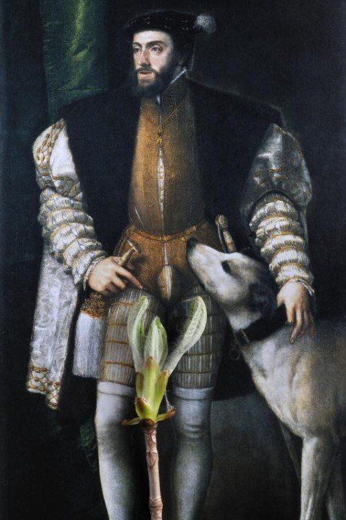 Porträt des Kaisers Karl V. mit Hund, 1532/33, Öl auf Leinwand, von Tizian, Prado, Madrid. Blume: Kastanientrieb