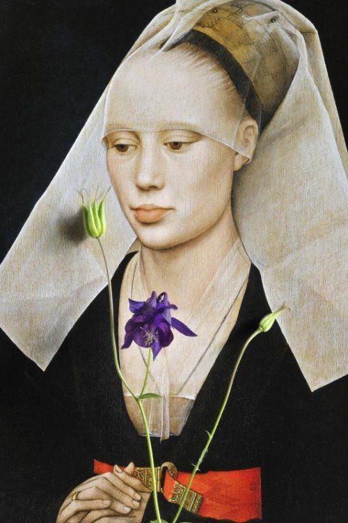 Porträt einer Dame, um 1460, von Rogier van der Weyden, Öl auf Holz, National Gallery of Art, Washington, mit Aquilegia Vulgaris (Akelei).