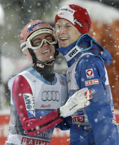 Ein kongeniales Duo: Die ÖSV-Springer Stefan Kraft und Michael Hayböck. Foto: ap