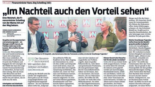 Bereits am 10. September 2014 kündigte Finanzminister Schelling gegenüber den VN ein Konzept für die Steuerreform an, das ausgabenseitig gegenfinanziert werde und keine Belastung für den Mittelstand darstelle.