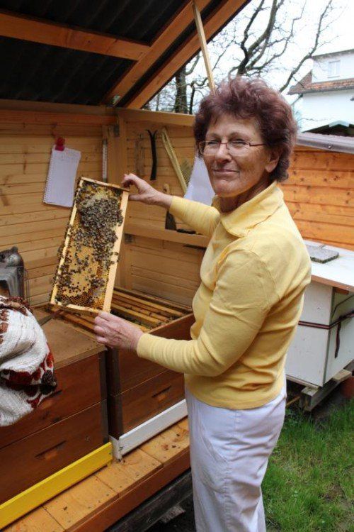  Elisabeth Vögel sieht nach einem der 24 Bienenvölker, die sie in ihrem Garten hält.  Foto: pes  