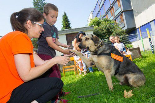 Ulrike Strehle hat ein Auge darauf, dass sich „Pancho“ und die Kinder gut verstehen. Foto: VN/Hartinger