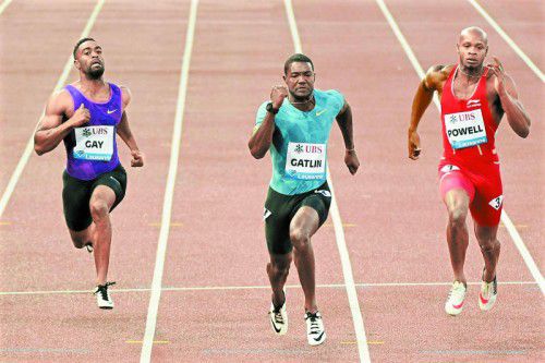 Tyson Gay (l.) und Asafa Powell (r.) sahen von Justin Gatlin nur den Rücken. Foto: ap