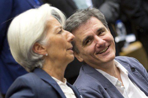 IWF-Chefin Christine Lagarde mit Griechenlands Finanzminister Euklid Tsakalotos. Lagarde pocht auf einen Schuldenschnitt für Athen.