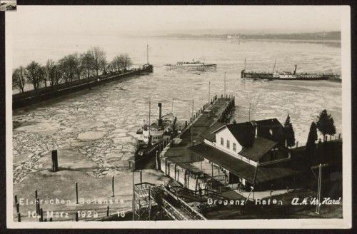 Eisbrecher im Bregenzer Hafen: 1929 war der Bodensee zu großen Teilen zugefroren. Die letzte komplette Seegfrörne gab es 1962/63.