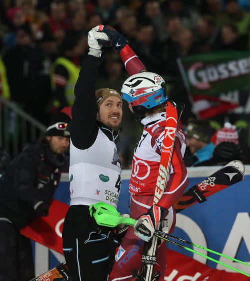 Die Slalom-Giganten gratulieren sich: Henrik Kristoffersen und Marcel Hirscher standen auch in Schladming auf den Plätzen eins und zwei.