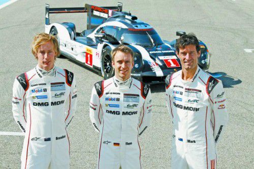 Die Titelverteidiger Hartley/Bernhard/Webber (v. l.) wollen wieder mit ihrem Porsche-919-Hybrid-LMP1 allen die Rücklichter zeigen.