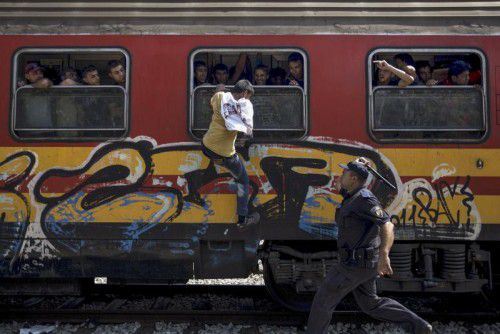 Eines der Siegerbilder: Ein mazedonischer Polizist geht an der griechischen Grenze gegen einen Flüchtling vor.