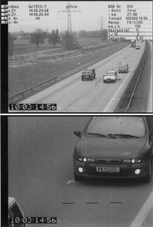 Beispiel für eine polizeiliche Video-Messung von zu geringem Sicherheitsabstand auf der Autobahn.
