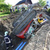 Bagger stürzt in Baugrube
