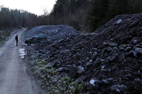 650 Kubikmeter Gesteinsabraum aus dem Ambergtunnel werden aktuell in den Göfner Wäldern zwischengelagert. Foto: etu