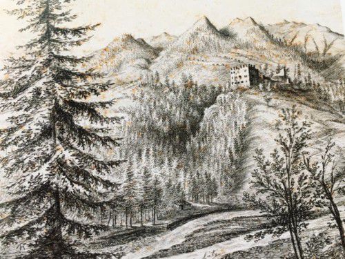 Ansicht der Ruine Blumenegg oberhalb von Thüringen von Johanna Isser von Gaudententhurn, um 1825. Foto: Landesarchiv