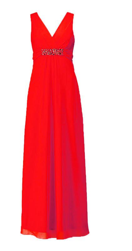 Auffallend. Rotes Abendkleid mit transparentem Oberstoff, breiten Trägern und glitzernden Details. Gibt‘s bei C&A um 59 Euro.