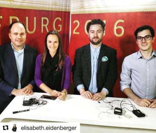 Gerold Riedmann (VN, v. l.) Elisabeth Eidenberger (OÖN), Maciej Palucki (Presse) und Klaus Knittelfelder (Kl. Zeitung) berichten aus der Hofburg.