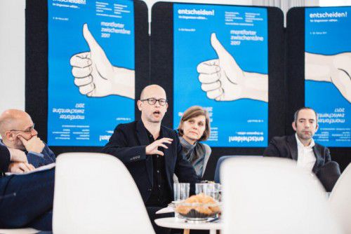 Präsentation mit Kuratoren Folkert Uhde und Hans-Joachim Gögl, Vize-Bgm. Barbara Schöbi-Fink und Montforthaus-Chef Edgar Eller. Tuertscher