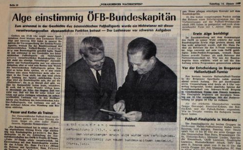 So berichteten die Vorarlberger Nachrichten vor 50 Jahren über die einstimmige Bestellung von Erwin Alge (l.) zum ÖFB-Teamchef am 13. Jänner 1967.
